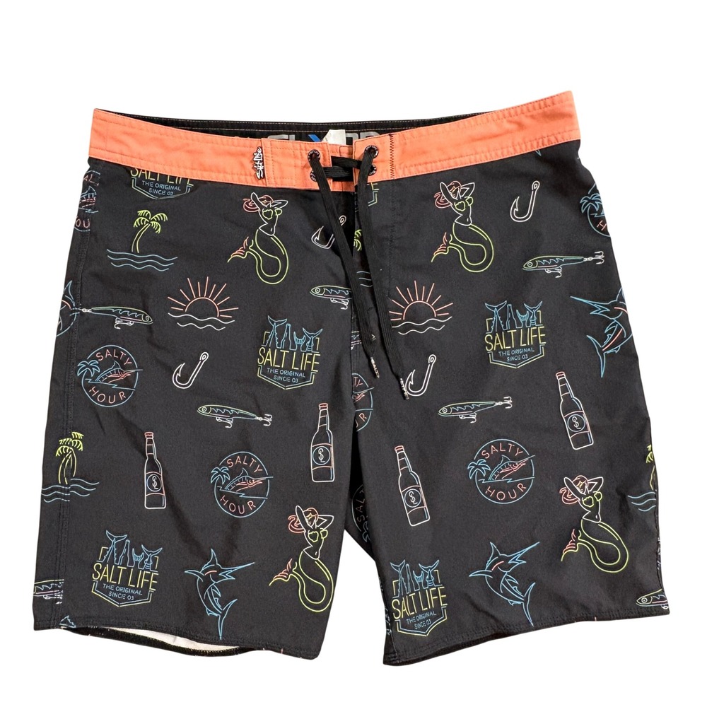 Salt Life SLX QD Board Shorts Men's 34 Black Neon Print Mermaid Fish Bottle